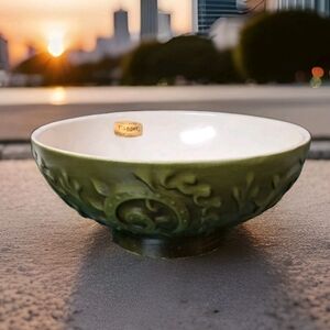 Vintage Haeger Pottery Pedestal Bowl Planter Scroll Leaf Green & White USA 8"